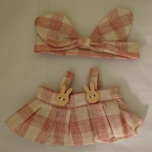 Charming Pink and Cream‎ Plaid Labubu Doll Dress & Headband Outfit